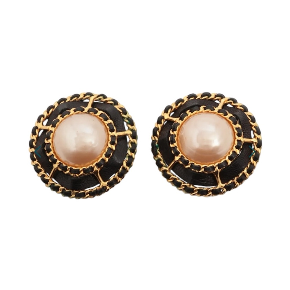 CHANEL Black and Gold Earrings with Pearl Center